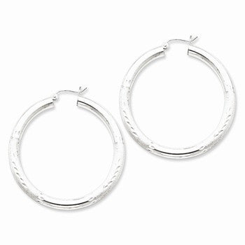 Sterling Silver Rhodium-plated 4mm Satin Diamond-cut Hoop Earrings