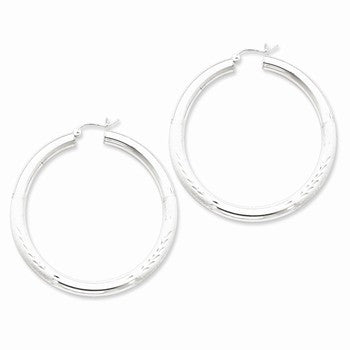 Sterling Silver Rhodium-plated 4mm Satin Diamond-cut Hoop Earrings