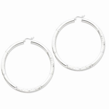Sterling Silver Rhodium-plated 4mm Satin Diamond-cut Hoop Earrings