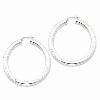 Sterling Silver Rhodium-plated 5.00mm Polished Satin Diamond-cut Hoop Earrings