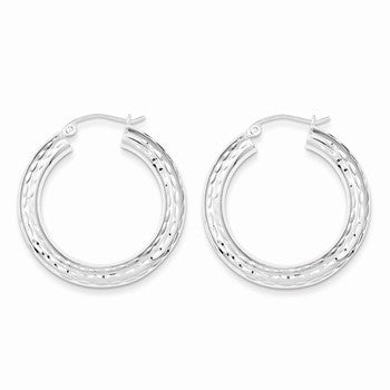 Sterling Silver Rhodium-plated 4.00mm Diamond-cut Hoop Earrings