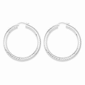 Sterling Silver Rhodium-plated 4.00mm Diamond-cut Hoop Earrings