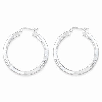 Sterling Silver Rhodium-plated Polished Satin 3.00mm Diamond-cut Hoop Earrings