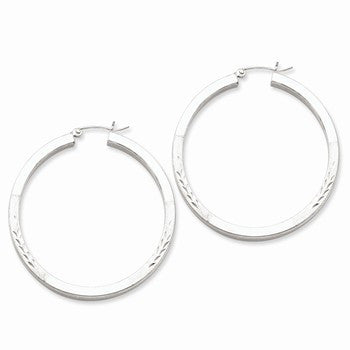 Sterling Silver Rhodium-plated Polished Satin 3.00mm Diamond-cut Hoop Earrings