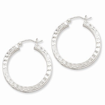 Sterling Silver Rhodium-plated Diamond-cut Square Hoop Earrings