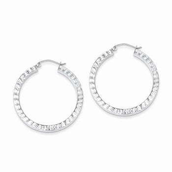 Sterling Silver Rhodium-plated Diamond-cut Square Hoop Earrings