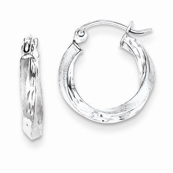 Sterling Silver Rhodium-plated Satin Finished Diamond-cut Twisted Hoop Earrings