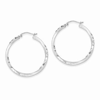Sterling Silver Rhodium-plated Satin Diamond-cut Twist Hoop Earrings