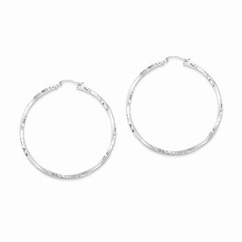 Sterling Silver Rhodium-plated Satin Diamond-cut Twist Hoop Earrings
