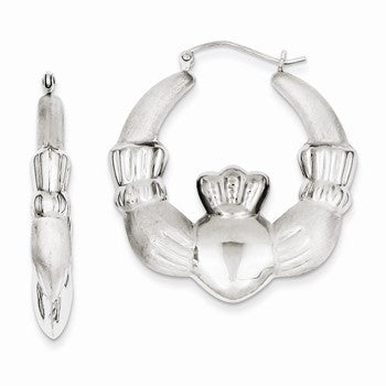 Sterling Silver Rhodium-plated Polished & Satin Claddagh Hoop Earrings