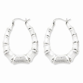 Sterling Silver Rhodium-plated Oval Bamboo Hoop Earrings