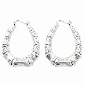 Sterling Silver Rhodium-plated Oval Bamboo Hoop Earrings
