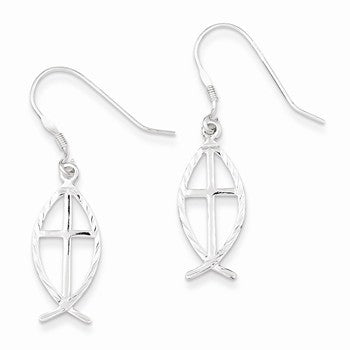 Sterling Silver Diamond-cut Cross w/Fish Earrings