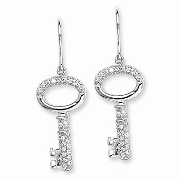 Sterling Silver CZ Key Dangle Wire Earrings