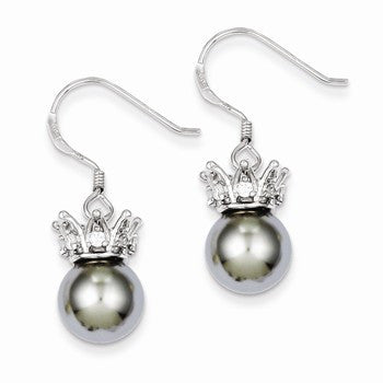 Sterling Silver Grey Syn. Pearl CZ Crown Earrings