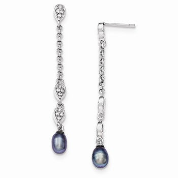 Sterling Silver Black Freshwater Cultured PearlCZ Post Drop Earring, Jewelry Earrings