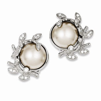 Sterling Silver CZ Simulated Pearl Clipback Earrings