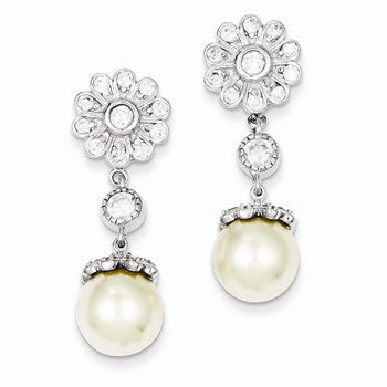 Sterling Silver Syn. Cultured Pearl CZ Post Earrings
