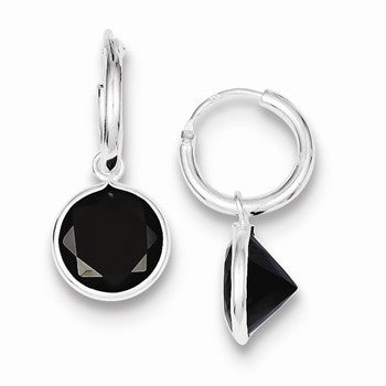 Sterling Silver Black CZ Dangle Hoop Earrings
