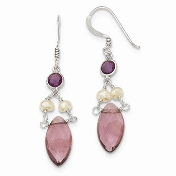 Sterling Silver Amethyst Crystal/Purple CZ/Freshwater CulturedPearl Earrings