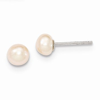 Sterling Silver 7-7.5mm Peach Freshwater CulturedButton Pearl Earrings