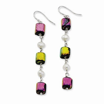 Sterling Silver Pink Yellow Dichroic Glass w/ Pearls Dangle Earrings