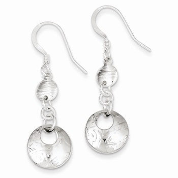 Sterling Silver Polished Textured Fancy Round Dangle Earrings