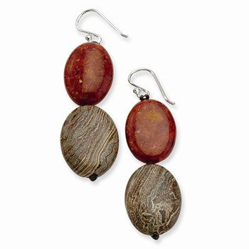 Sterling Silver Red Coral Red Zebra  Dangle Earrings