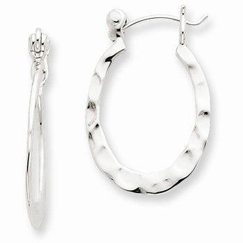 Sterling Silver Hammered Polished Oval Hoop Earrings