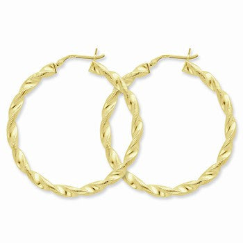 Sterling Silver Gold-flashed Patterned Twist 45mm Hoop Earrings