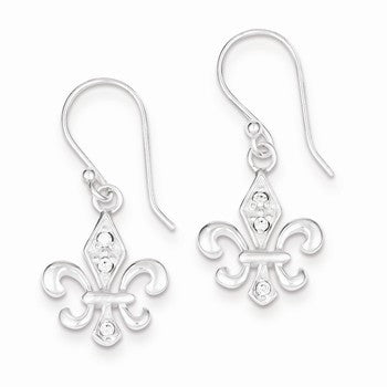 Sterling Silver White CZ Accented Fleur de Lis Dangle Earrings