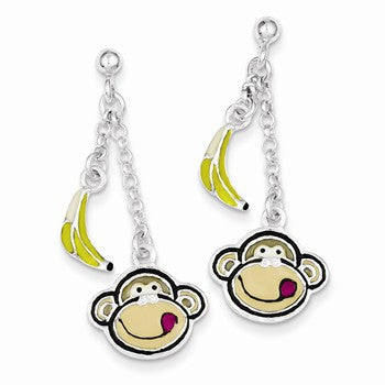 Sterling Silver Enameled Monkey Face Banana Dangle Post Earrings
