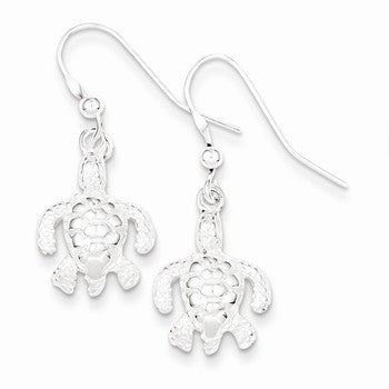 Sterling Silver Polished Textured Turtle Dangle Earrings