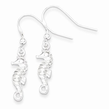 Sterling Silver Polished Textured Seahorse Dangle Earrings