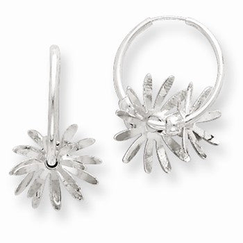 Sterling Silver Polished Flower Dangle Hoop Earrings