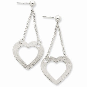 Sterling Silver Polished Textured Heart Dangle Post Earrings