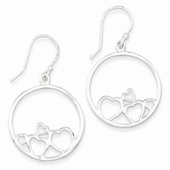 Sterling Silver Polished Open Hearts Circle Dangle Earrings