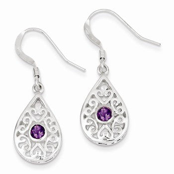 Sterling Silver Amethyst Polished Fancy Filigree Dangle Earrings