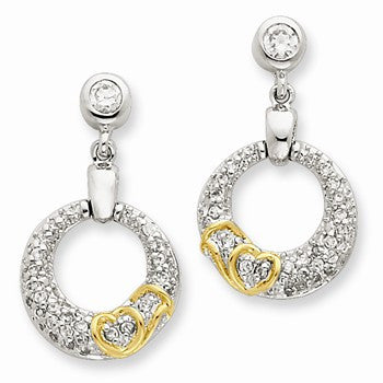 Sterling Silver CZ Open Circle with Gold-Plated Hearts Post Dangle Earrings