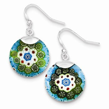 Sterling Silver Multicolored Glass Polished Circle Dangle Earrings