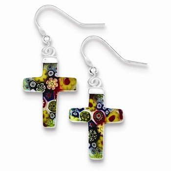 Sterling Silver Multicolored Glass Polished Cross Dangle Earrings