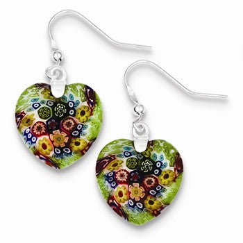 Sterling Silver Multicolored Glass Polished Heart Dangle Earrings