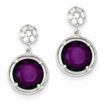 Sterling Silver CZ Circle w/ Hanging Purple CZ Circle Dangle Earrings