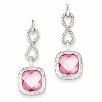 Sterling Silver Pink Square CZ Post Dangle Earrings