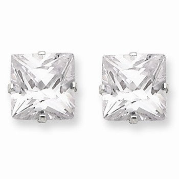 Sterling Silver 8mm Square CZ 4 Prong Stud Earrings