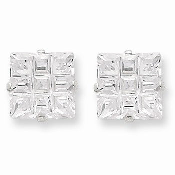 Sterling Silver 8mm Square CZ 4 Prong Stud Earrings