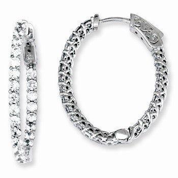 Sterling Silver CZ 46 Stones In & Out Oval Hoop Earrings