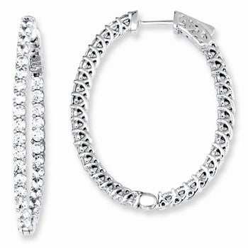 Sterling Silver CZ 66 Stones In & Out Oval Hoop Earrings
