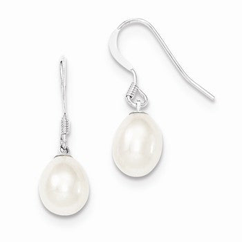 Sterling Silver White 8-9mm Freshwater Cultured Pearl Dangle Earrings
