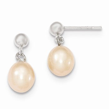 Sterling Silver 7-8mm Pink Freshwater Cultured Pearl Earrings